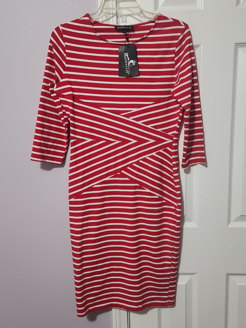 Red & White Striped Midi Dress with Waist Detail